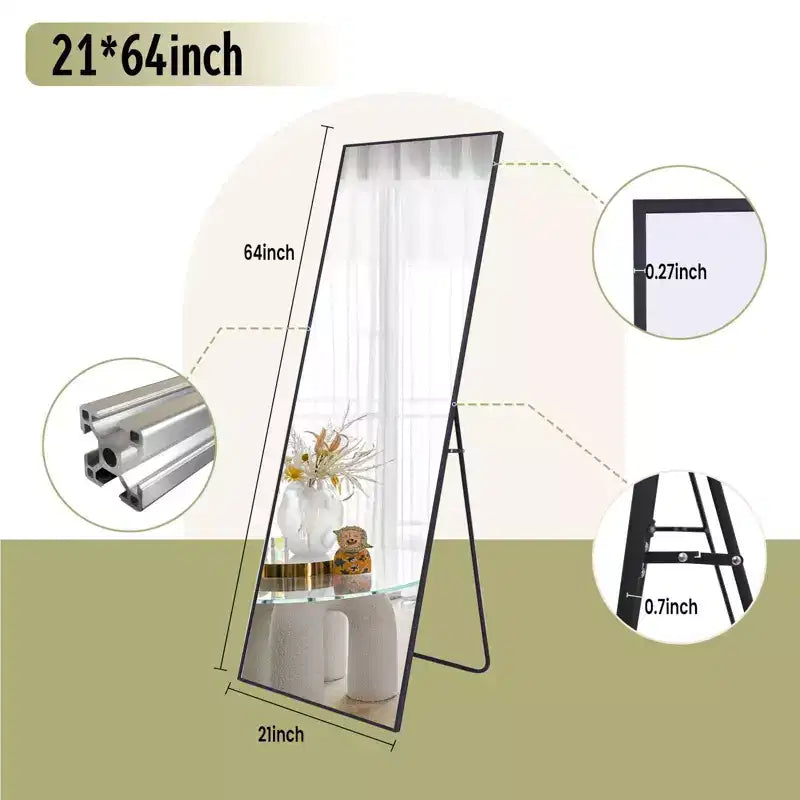 Miroir sur pied pleine longueur, cadre en alliage d'aluminium – 147 cm H x 46 cm L, autoportant