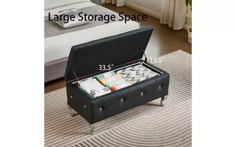 Banc de rangement capitonné avec boutons en cristal – Rembourré, pour chambre ou salon