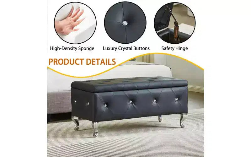 Banc de rangement capitonné avec boutons en cristal – Rembourré, pour chambre ou salon