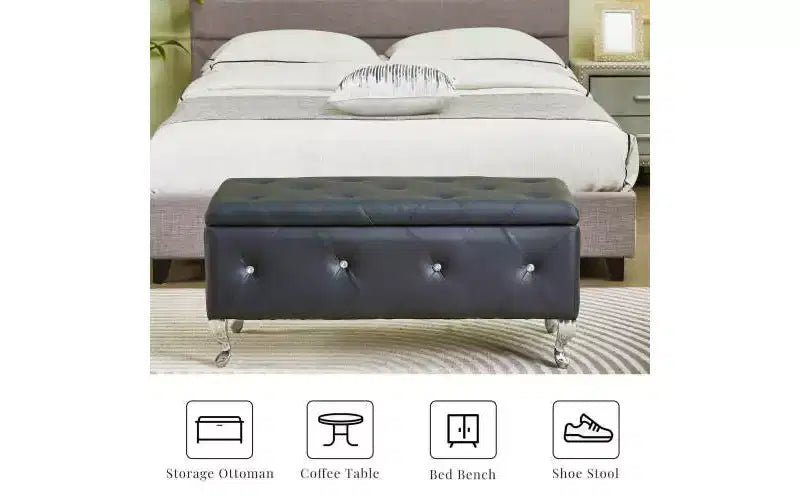 Banc de rangement capitonné avec boutons en cristal – Rembourré, pour chambre ou salon