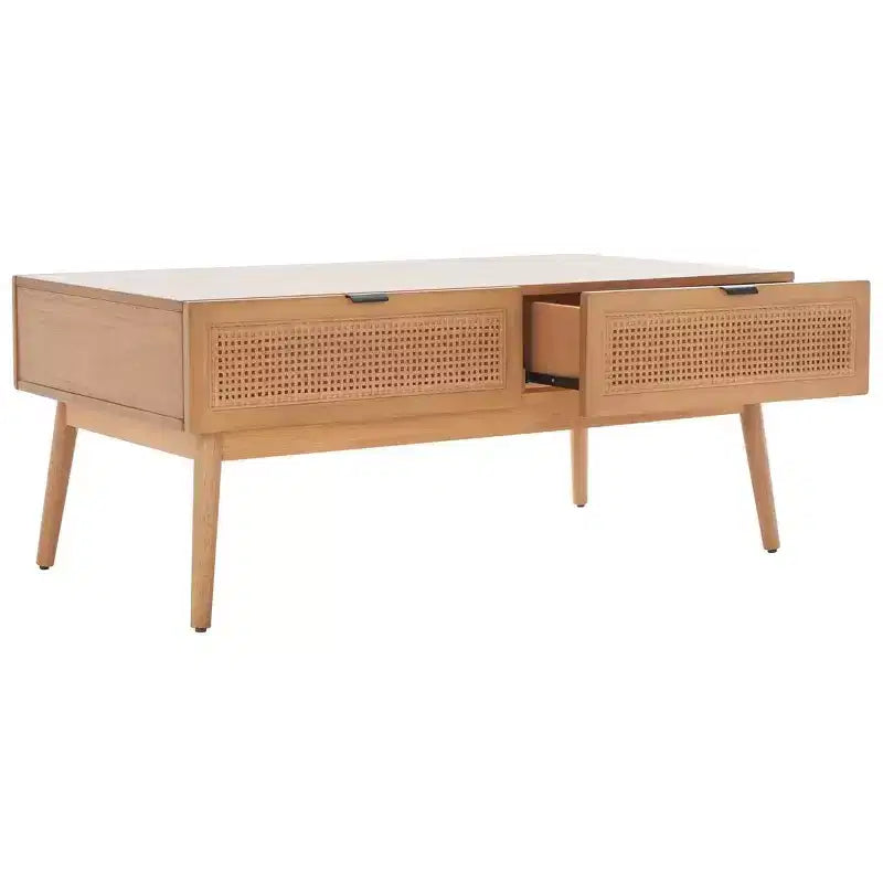 Table basse 2 tiroirs avec façade en rotin et pieds fuselés – Rectangulaire, cadre en bois, capacité de 68 kg