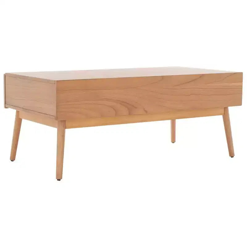 Table basse 2 tiroirs avec façade en rotin et pieds fuselés – Rectangulaire, cadre en bois, capacité de 68 kg