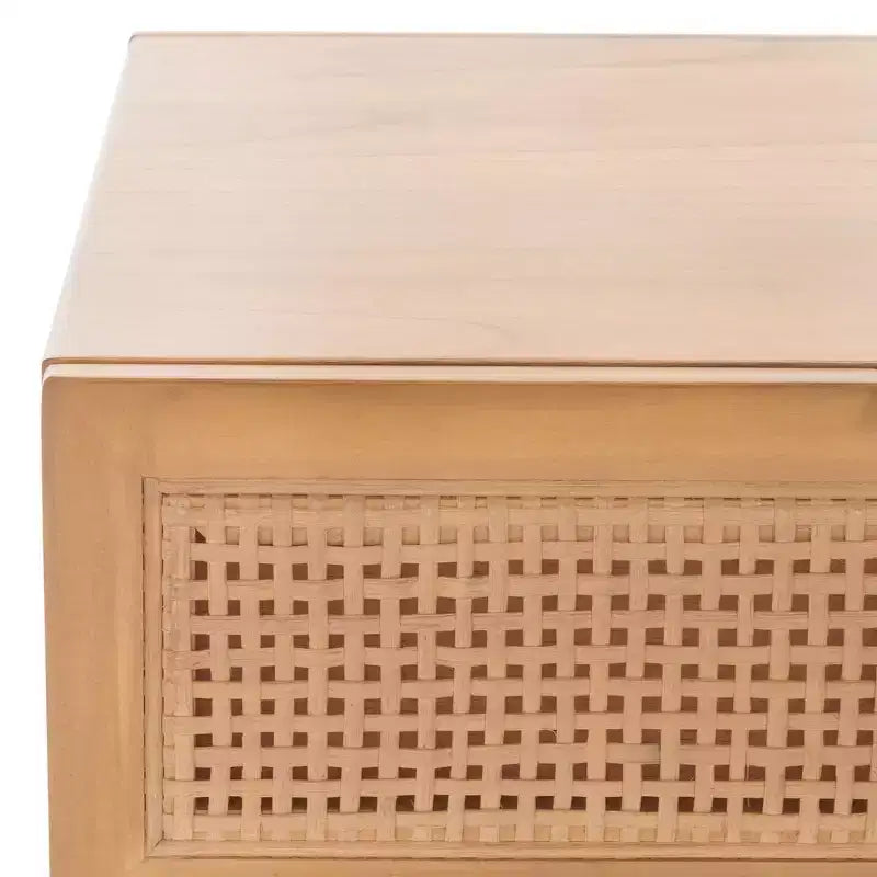 Table basse 2 tiroirs avec façade en rotin et pieds fuselés – Rectangulaire, cadre en bois, capacité de 68 kg