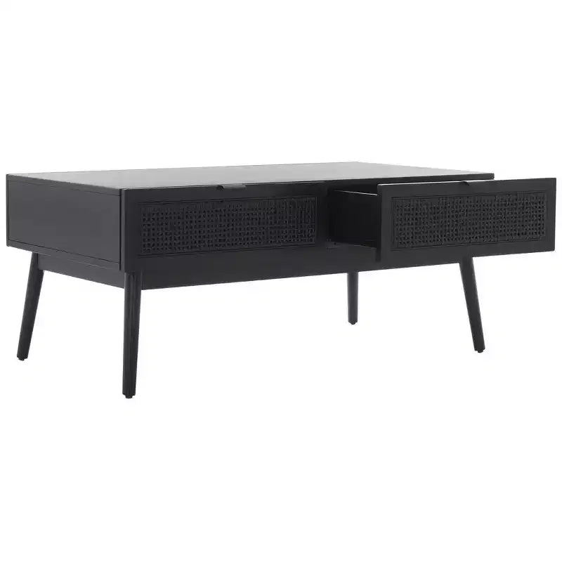 Table basse 2 tiroirs avec façade en rotin et pieds fuselés – Rectangulaire, cadre en bois, capacité de 68 kg