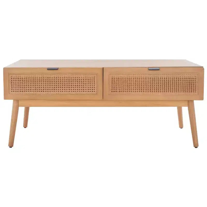 Table basse 2 tiroirs avec façade en rotin et pieds fuselés – Rectangulaire, cadre en bois, capacité de 68 kg
