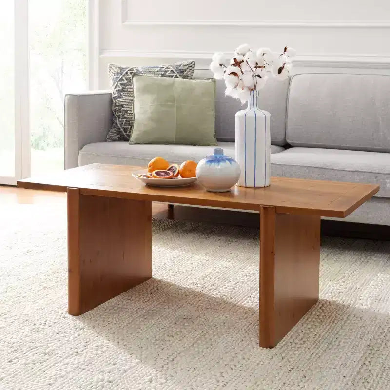 Table basse rectangulaire avec piètement tréteaux – H 46 cm x L 58 cm x P 120 cm, bois de sapin, marron