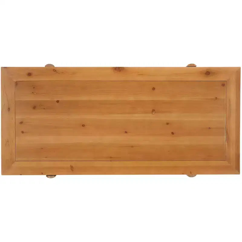 Table basse rectangulaire avec piètement tréteaux – H 46 cm x L 58 cm x P 120 cm, bois de sapin, marron