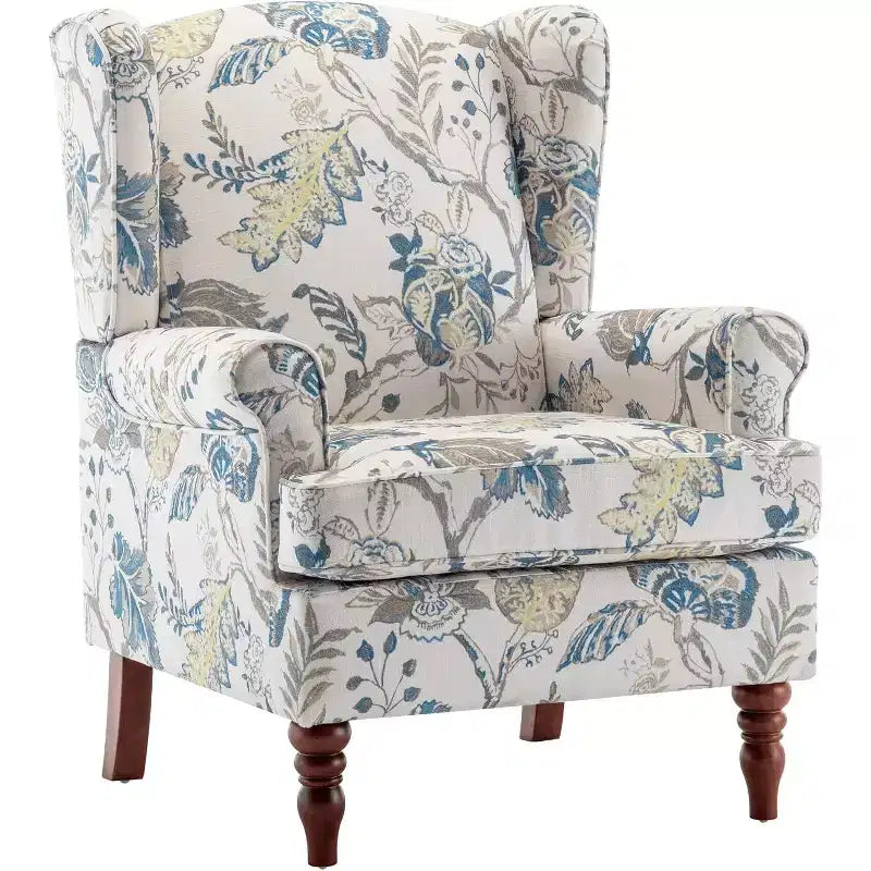 Fauteuil en tissu à imprimé floral, cadre en bois massif – 82,5 cm H x 70 cm L x 56 cm P, bleu