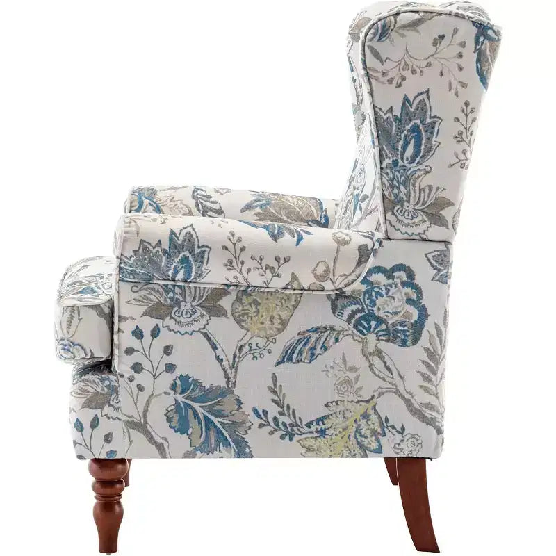 Fauteuil en tissu à imprimé floral, cadre en bois massif – 82,5 cm H x 70 cm L x 56 cm P, bleu