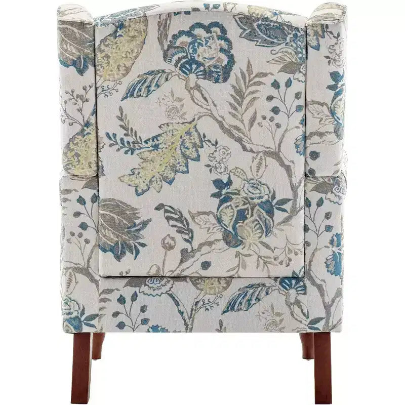 Fauteuil en tissu à imprimé floral, cadre en bois massif – 82,5 cm H x 70 cm L x 56 cm P, bleu