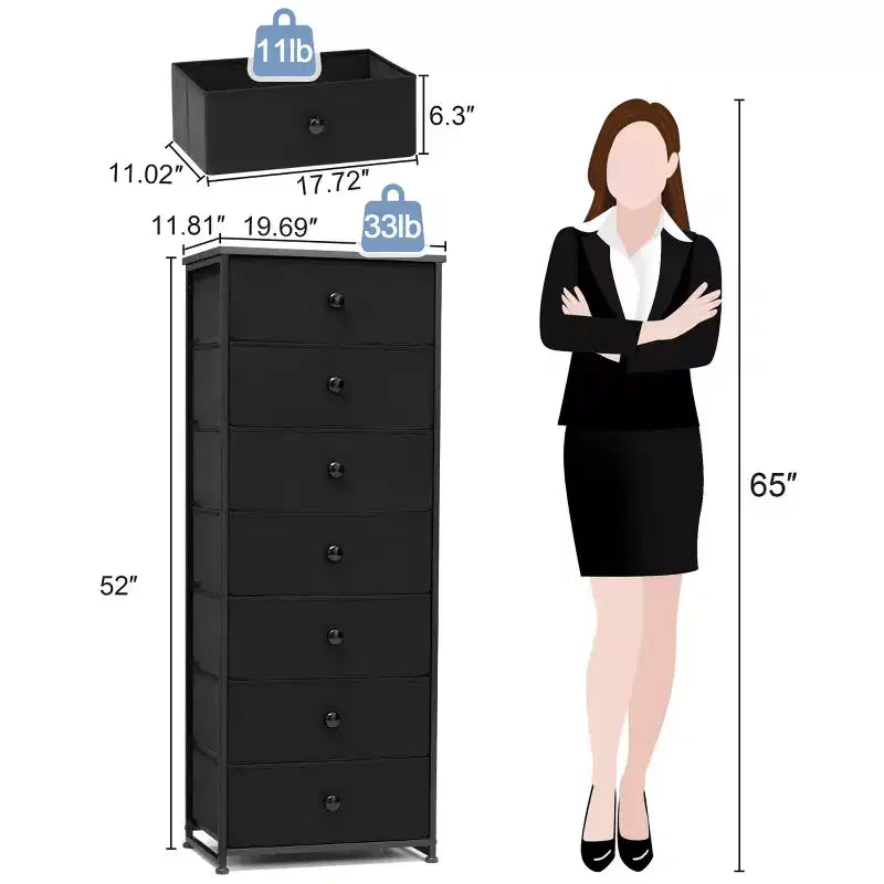 Commode de rangement en tissu à 7 tiroirs – 132 cm (H) x 50 cm (L) x 30 cm (P), cadre en acier