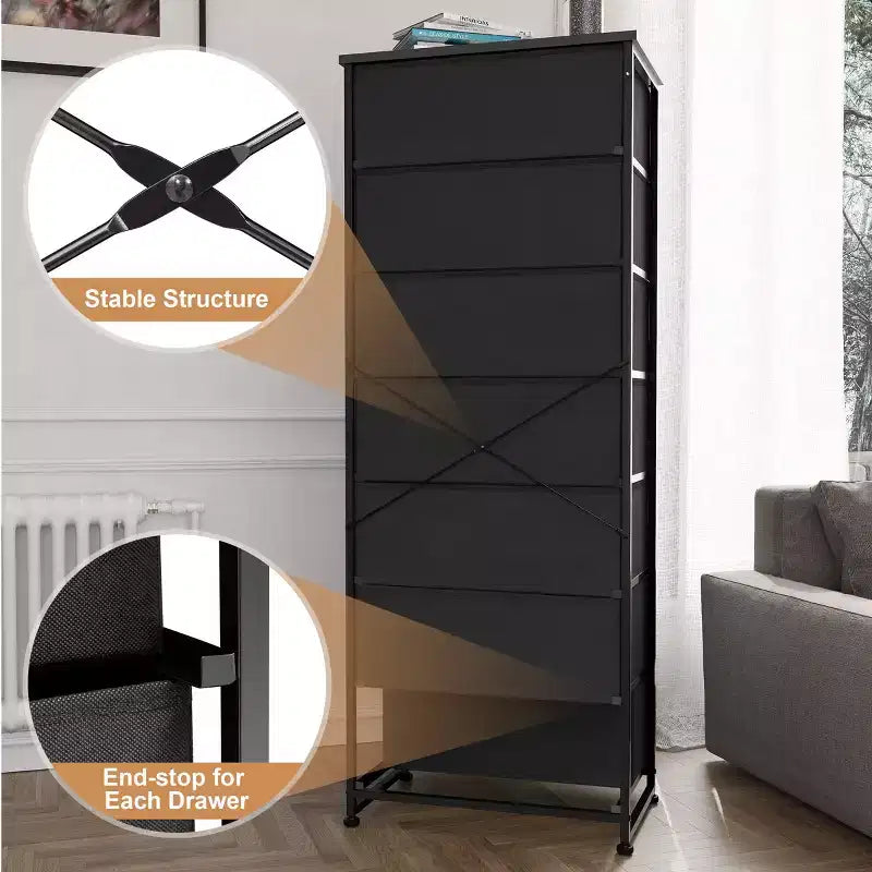 Commode de rangement en tissu à 7 tiroirs – 132 cm (H) x 50 cm (L) x 30 cm (P), cadre en acier