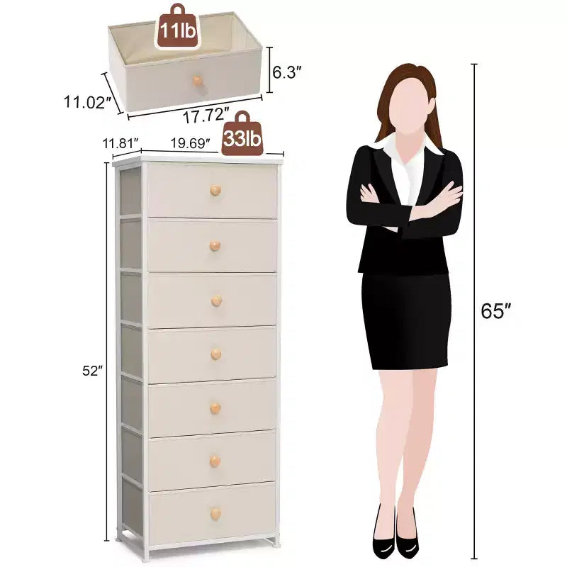 Commode de rangement en tissu à 7 tiroirs – 132 cm (H) x 50 cm (L) x 30 cm (P), cadre en acier