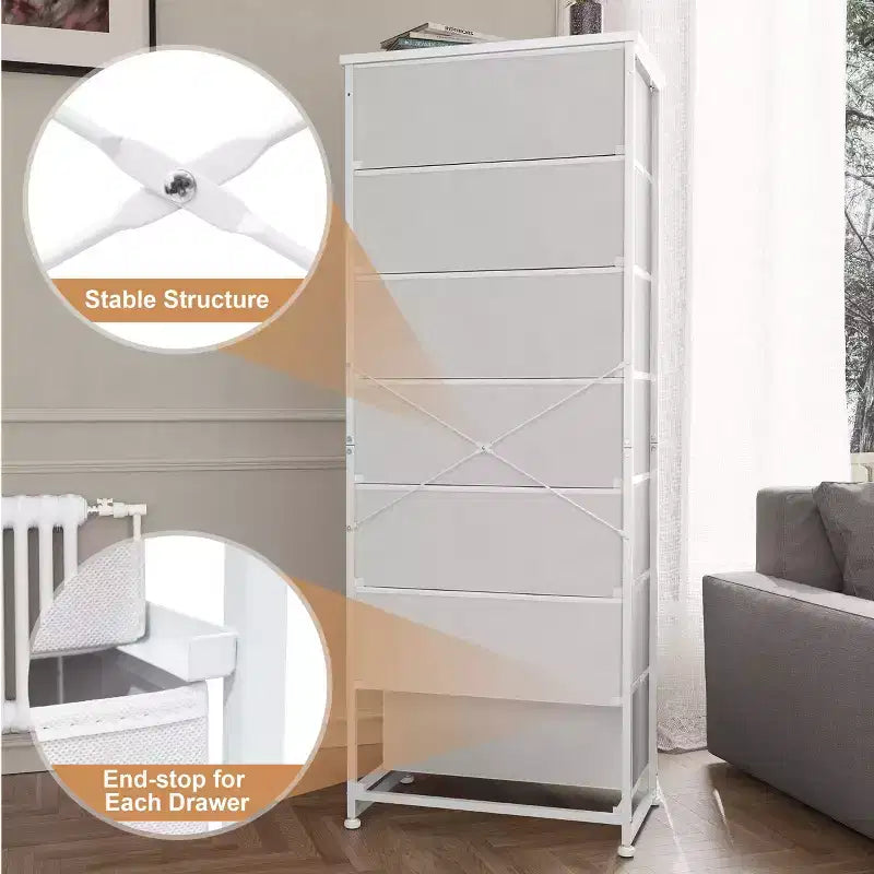 Commode de rangement en tissu à 7 tiroirs – 132 cm (H) x 50 cm (L) x 30 cm (P), cadre en acier