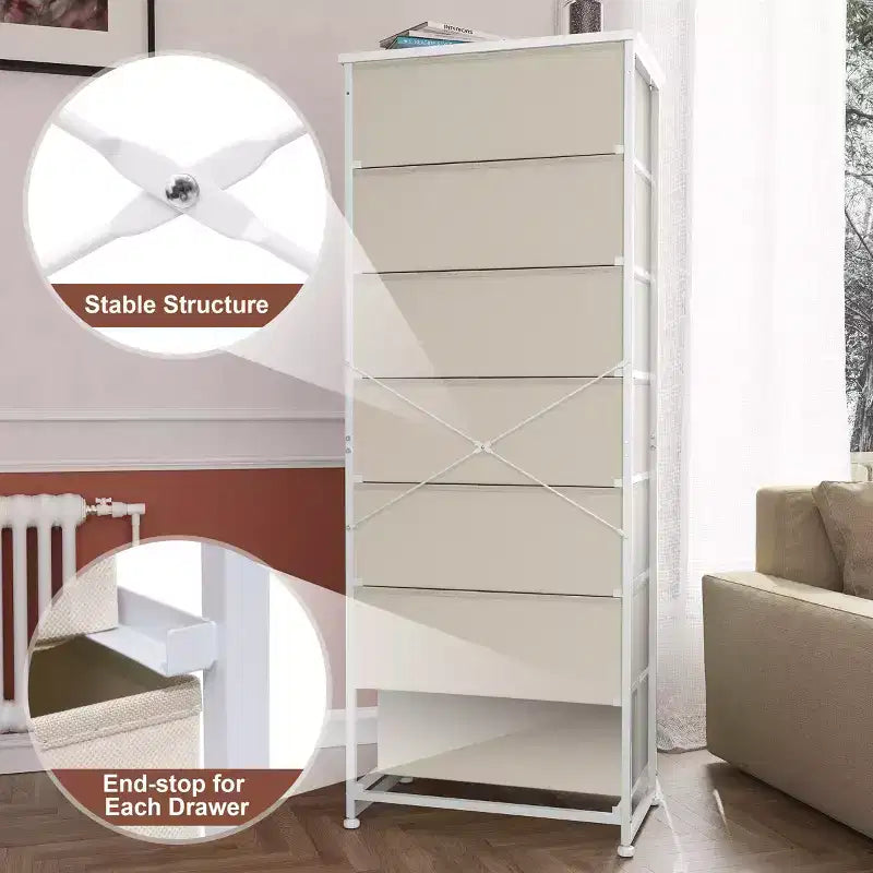 Commode de rangement en tissu à 7 tiroirs – 132 cm (H) x 50 cm (L) x 30 cm (P), cadre en acier