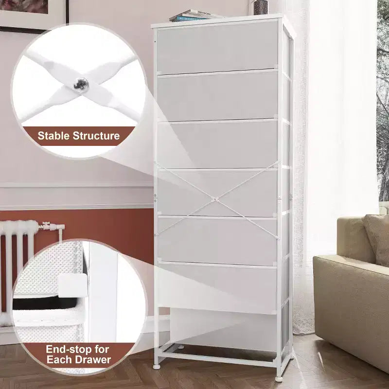 Commode de rangement en tissu à 7 tiroirs – 132 cm (H) x 50 cm (L) x 30 cm (P), cadre en acier