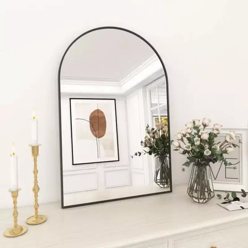 Miroir mural en métal arqué, cadre noir/or – 24"L x 36"H, fixation murale