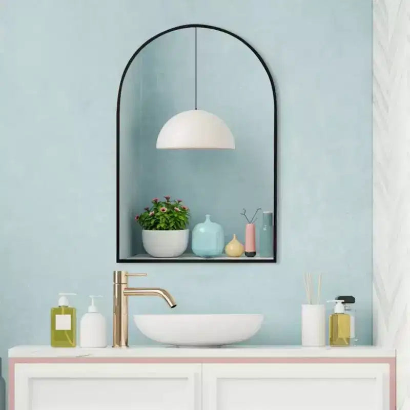Miroir mural en métal arqué, cadre noir/or – 24"L x 36"H, fixation murale