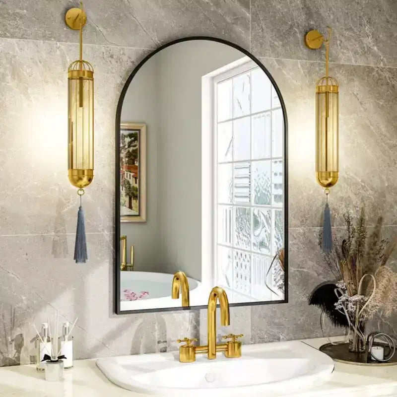 Miroir mural en métal arqué, cadre noir/or – 24"L x 36"H, fixation murale