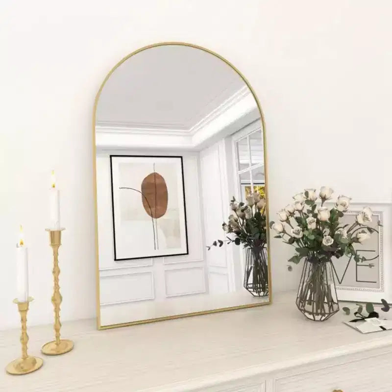 Miroir mural en métal arqué, cadre noir/or – 24"L x 36"H, fixation murale